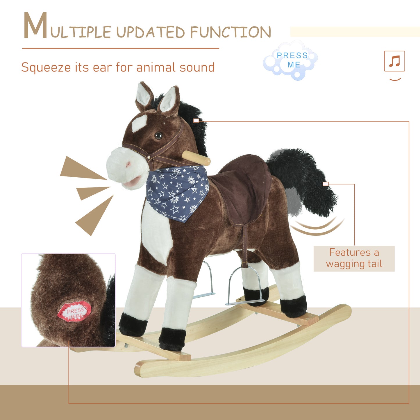 Plush Cowboy Rocking Horse, Wooden Ride-On With Realistic Sounds, Wild West Fun, Brown, For 3-6 Years