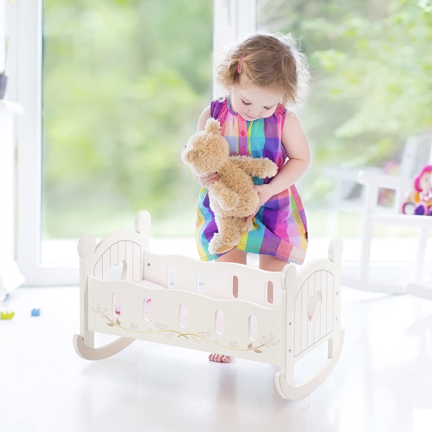 ROBOTIME Berceau de poupée en bois à bascule pour poupée, lit de poupée réversible pour poupées filles, convient aux poupées jusqu'à 45 cm