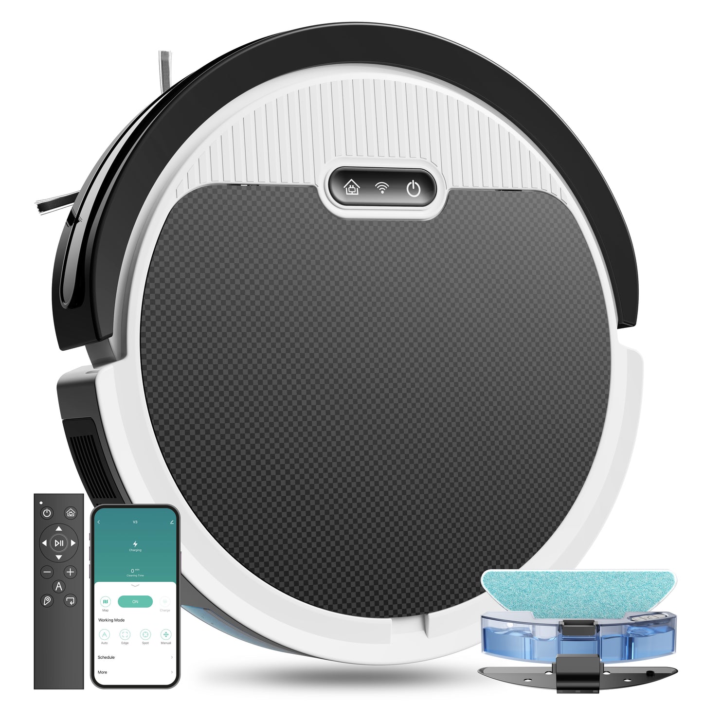 Aspirateur robot 3-en-1 avec fonction lavage, 5000 Pa, autonomie 120 min, auto recharge, ultra-fin, idéal poils d’animaux et sols durs.