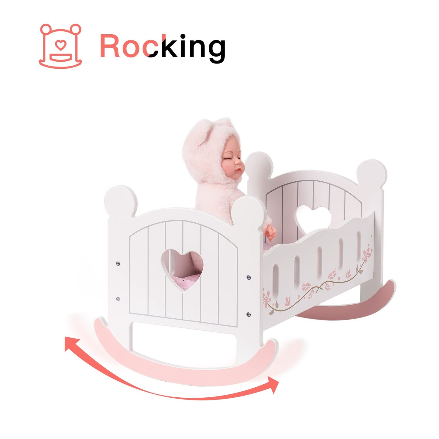 ROBOTIME Berceau de poupée en bois à bascule pour poupée, lit de poupée réversible pour poupées filles, convient aux poupées jusqu'à 45 cm