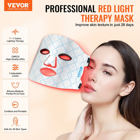 Masque de luminothérapie rouge VEVOR, masque facial LED 7 couleurs, luminothérapie avec NIR 850 nm