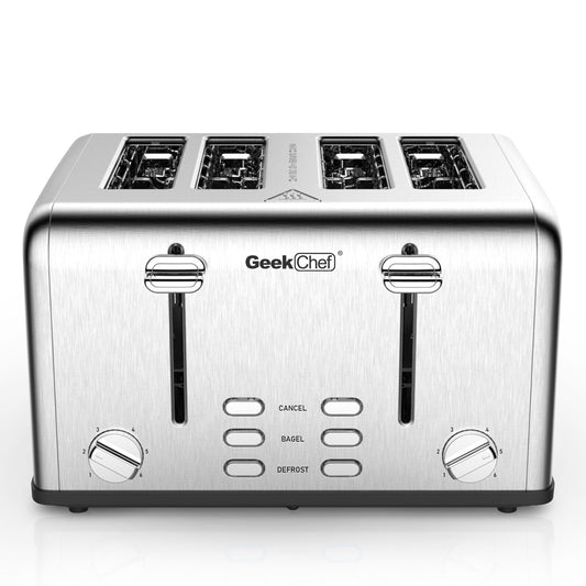 Grille-pain 4 tranches, Geek Chef en acier inoxydable avec fentes extra larges. Équipé de deux panneaux de contrôle indépendants avec fonctions bagel, décongélation et annulation.