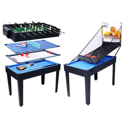 Table multi-jeux 5 en 1 : billard, baby-foot, ping-pong et basket-ball, noir et bleu
