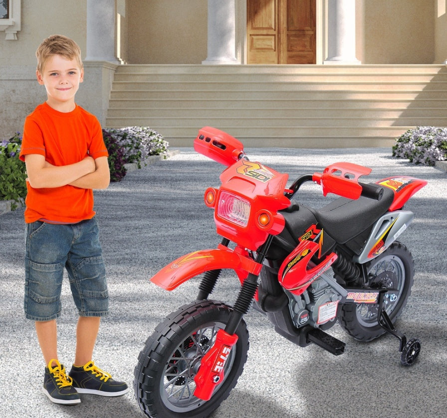 Moto électrique 6 V pour enfants avec roues d'entraînement, à piles, rouge