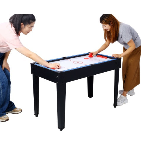 Table multi-jeux 5 en 1 : billard, baby-foot, ping-pong et basket-ball, noir et bleu