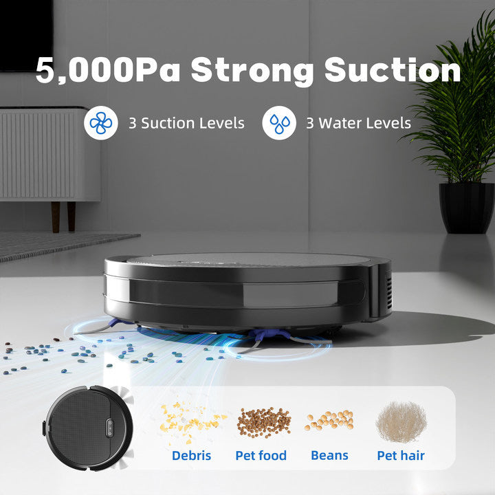 Aspirateur robot 3-en-1 avec fonction lavage, 5000 Pa, autonomie 120 min, auto recharge, ultra-fin, idéal poils d’animaux et sols durs.