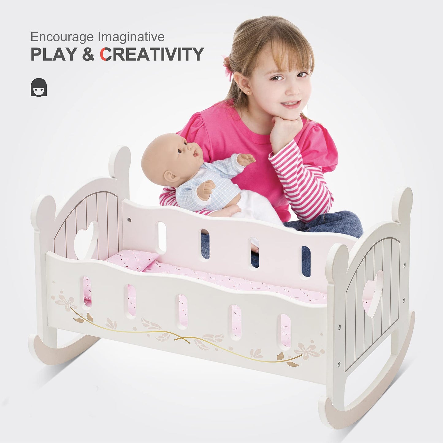 ROBOTIME Berceau de poupée en bois à bascule pour poupée, lit de poupée réversible pour poupées filles, convient aux poupées jusqu'à 45 cm