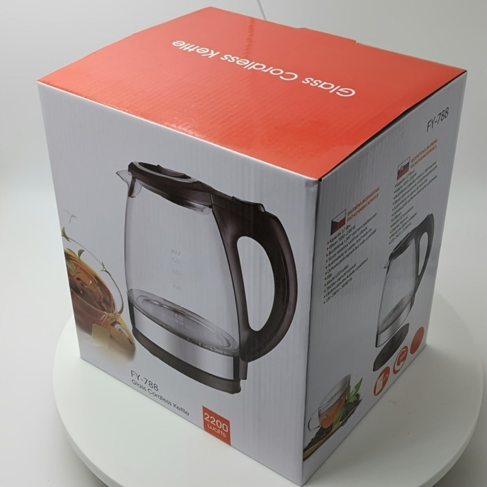 Bouilloire électrique avec filtre et couvercle intérieur en acier inoxydable, 1200W, large ouverture, capacité 1,7 L, corps en verre, idéale pour le thé et l’eau chaude, coloris noir.