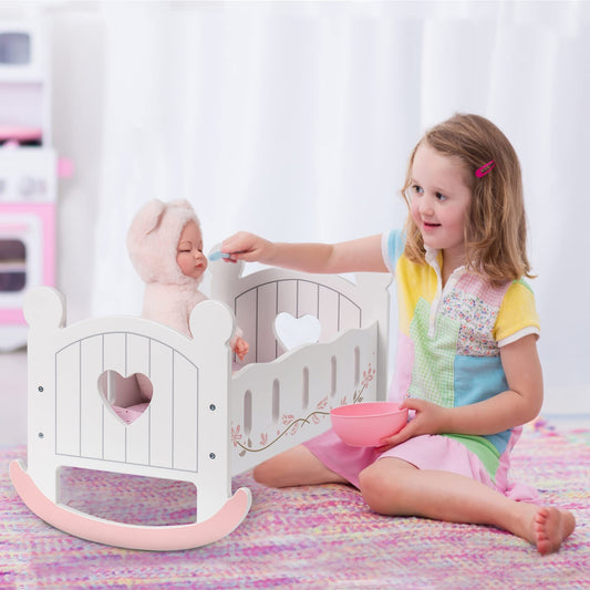 ROBOTIME Berceau de poupée en bois à bascule pour poupée, lit de poupée réversible pour poupées filles, convient aux poupées jusqu'à 45 cm