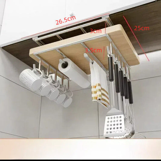 Étagère de rangement suspendue sous armoire, idéale pour la cuisine, permet d’organiser planches à découper et accessoires.