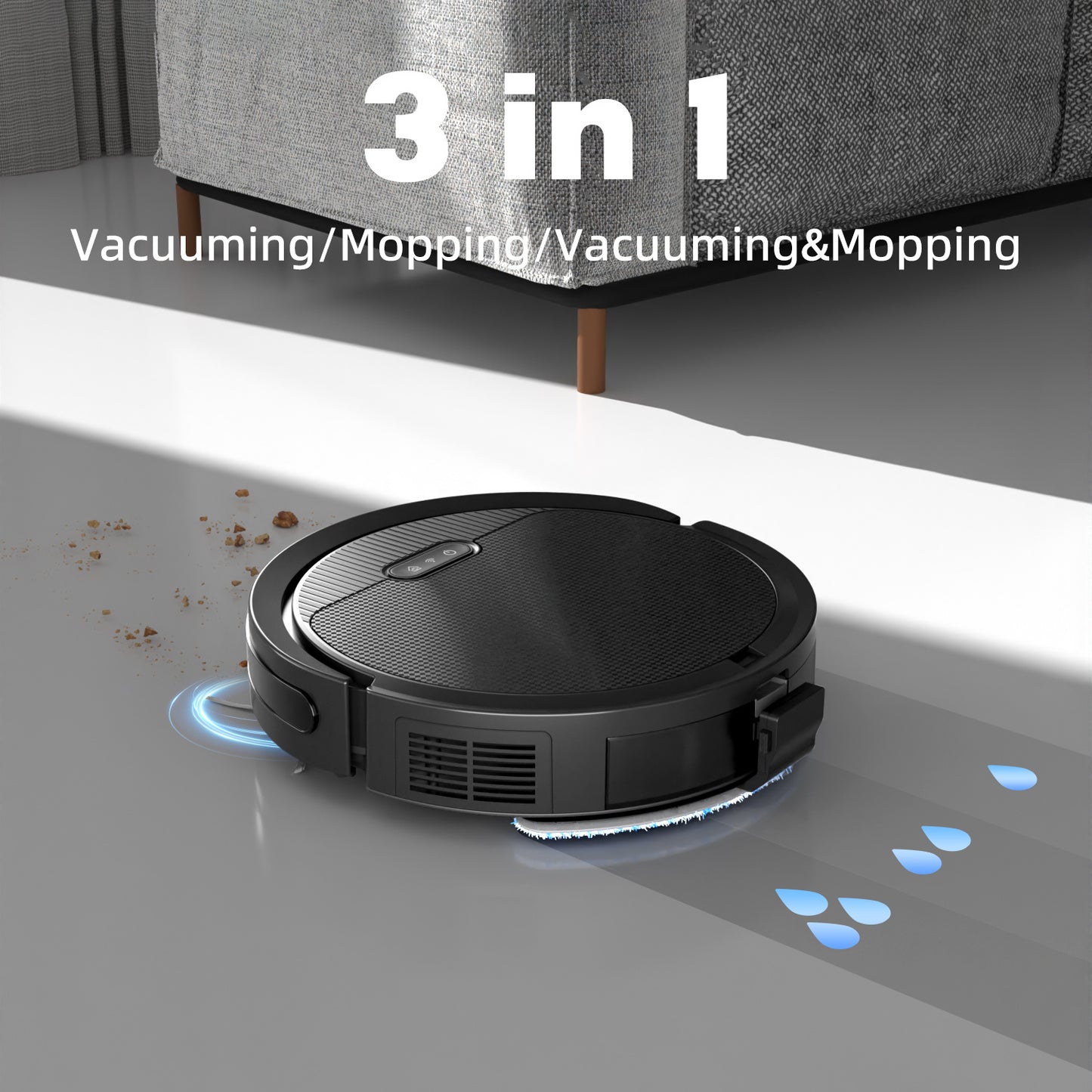Aspirateur robot 3-en-1 avec fonction lavage, 5000 Pa, autonomie 120 min, auto recharge, ultra-fin, idéal poils d’animaux et sols durs.