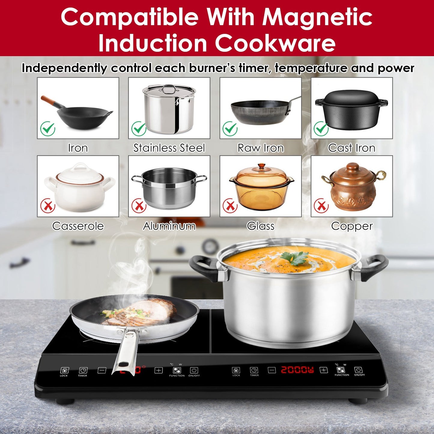 1 pièce – Plaque à induction portable 4000W, double foyer électrique, cuisinière de comptoir avec 9 niveaux de puissance, 9 niveaux de température et minuteur 3h.