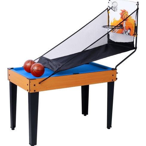 Table multi-jeux 5 en 1 : billard, baby-foot, ping-pong et basket-ball, noir et bleu
