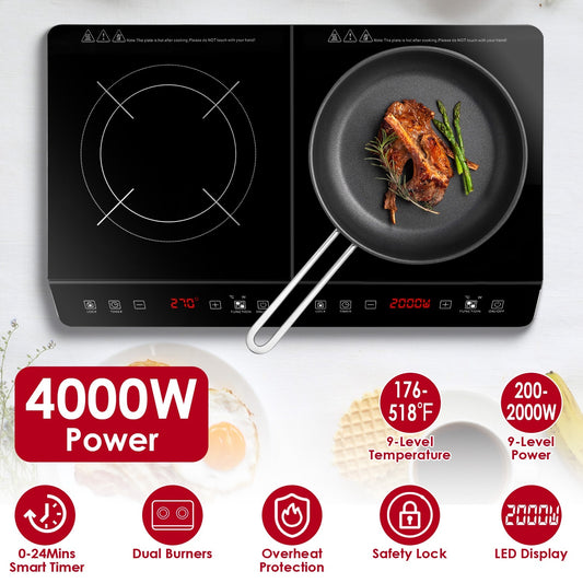 1 pièce – Plaque à induction portable 4000W, double foyer électrique, cuisinière de comptoir avec 9 niveaux de puissance, 9 niveaux de température et minuteur 3h.