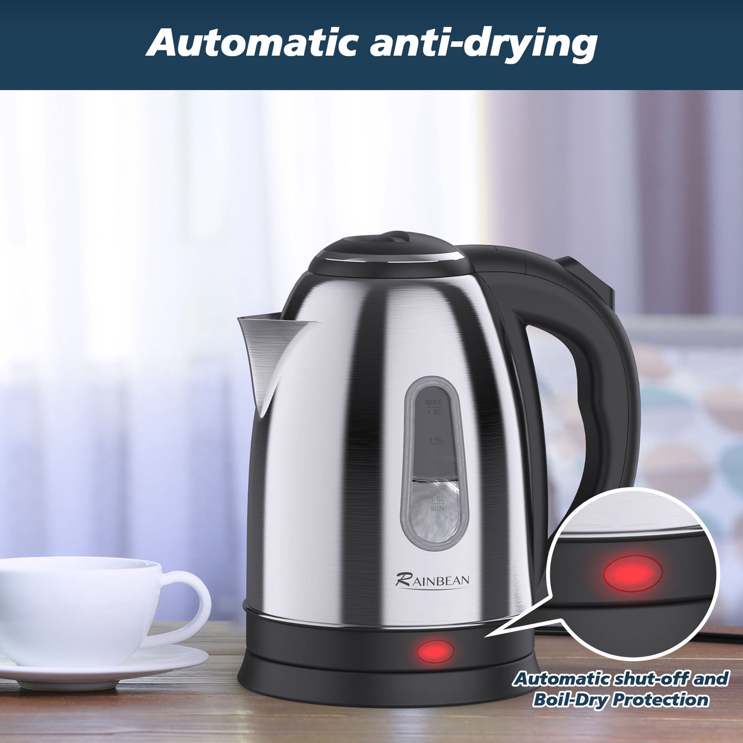Bouilloire électrique 1,8 L pour thé, café et eau chaude, avec arrêt automatique et protection contre l’ébullition à sec.