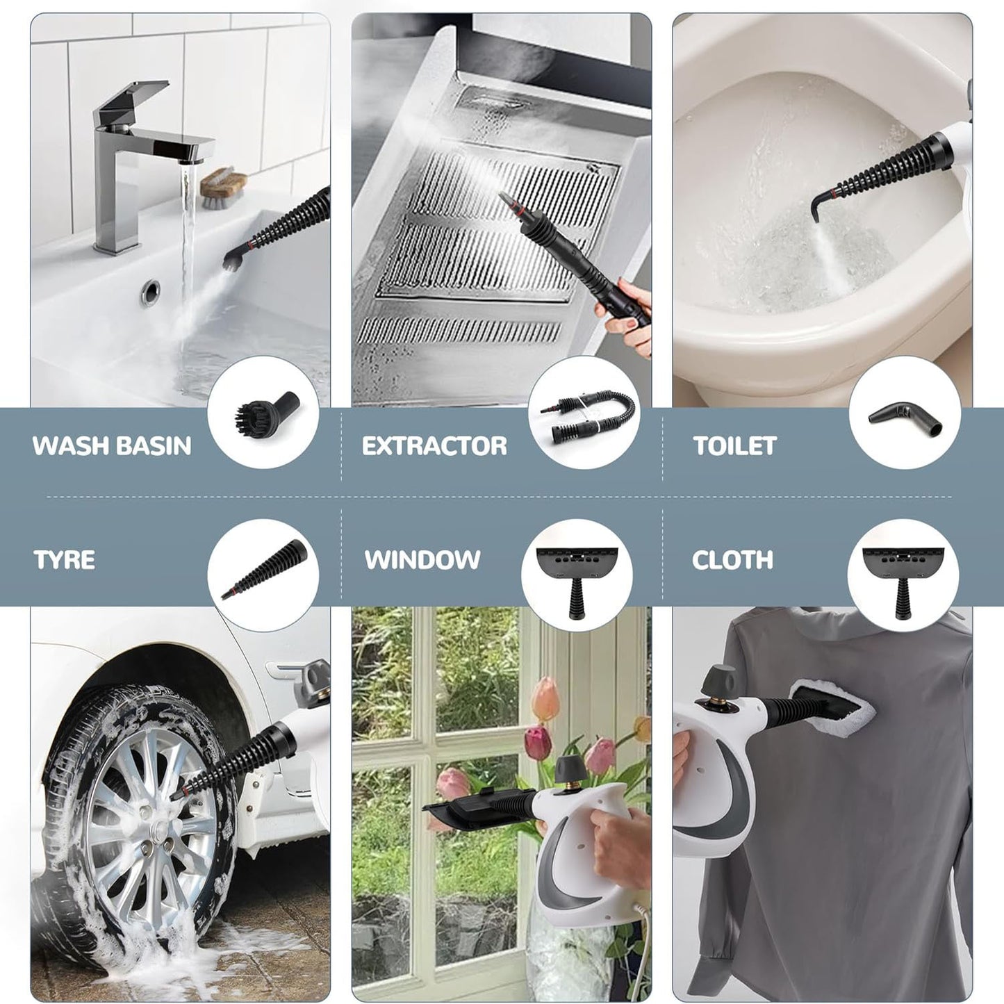 Nettoyeur vapeur portatif multi-surfaces avec 12 accessoires, réservoir intégré, nettoyage naturel à la vapeur.