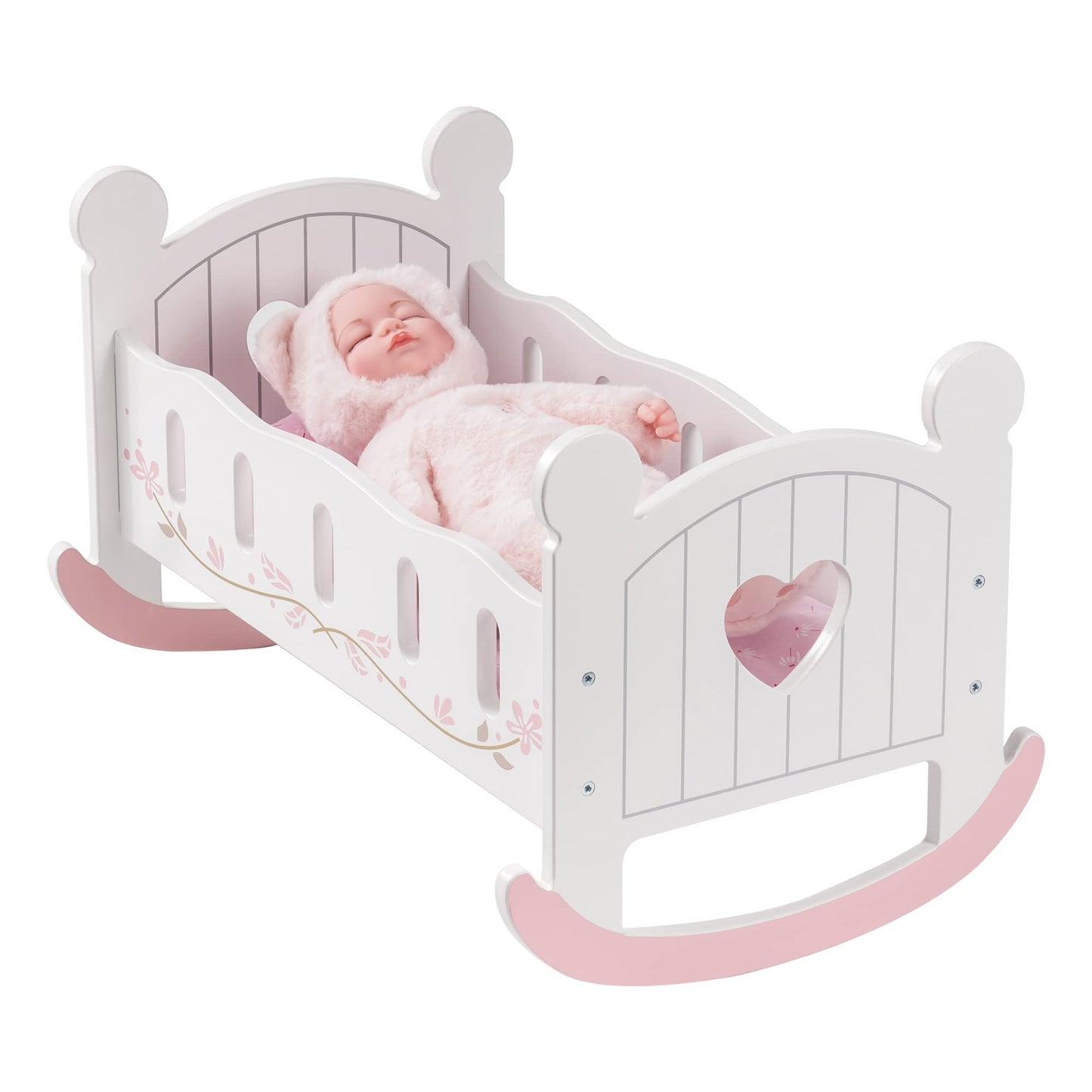 ROBOTIME Berceau de poupée en bois à bascule pour poupée, lit de poupée réversible pour poupées filles, convient aux poupées jusqu'à 45 cm