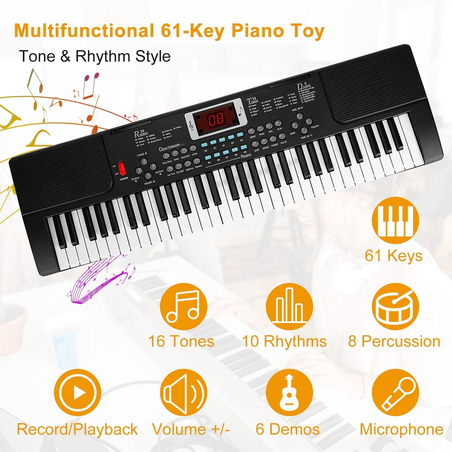 Clavier électronique numérique 61 touches, instrument de musique électrique, clavier d'apprentissage pour enfants avec microphone sur pied pour débutants