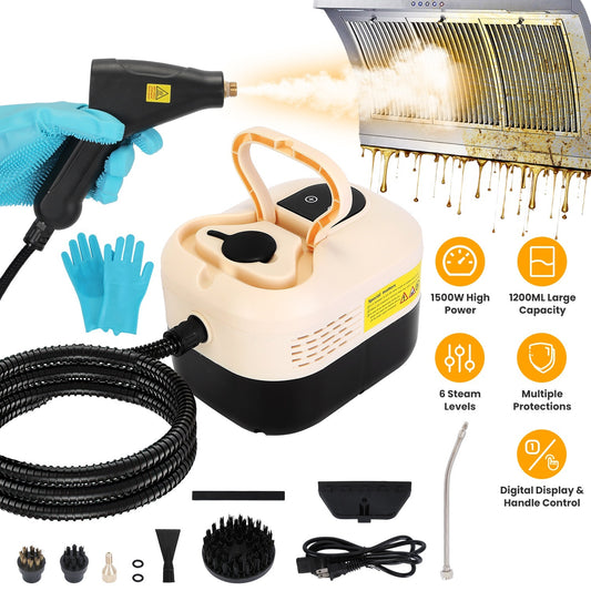 Nettoyeur vapeur portatif 1500W, réservoir 1200 ml, 6 niveaux de vapeur, écran digital, avec 8 accessoires pour sols, joints, canapé, voiture et plus.