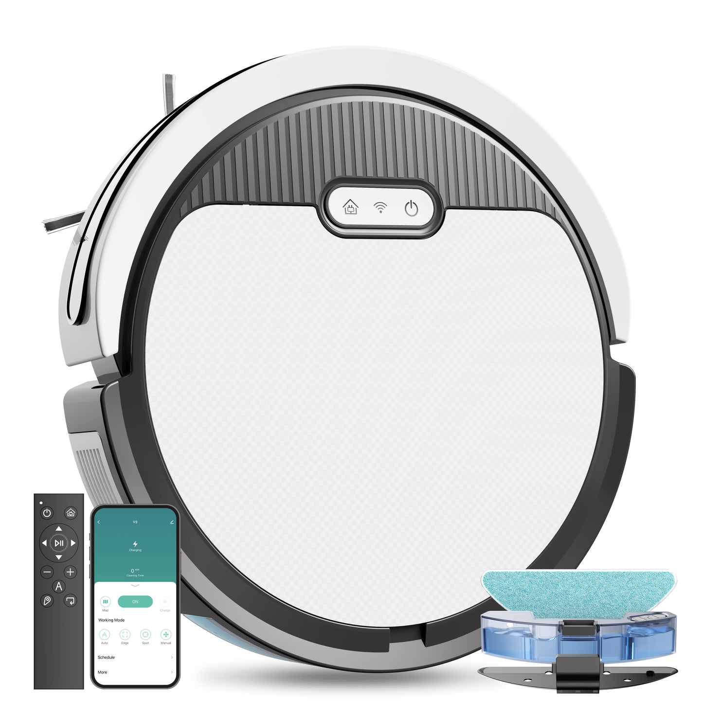 Aspirateur robot 3-en-1 avec fonction lavage, 5000 Pa, autonomie 120 min, auto recharge, ultra-fin, idéal poils d’animaux et sols durs.