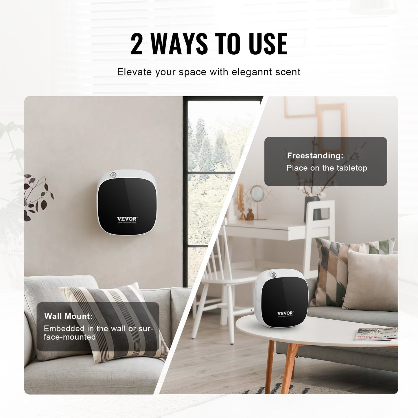 VEVOR Diffuseur d'huiles essentielles intelligent sans eau, alimenté par USB et batterie, pour la maison, le salon, la salle de bain et le spa.