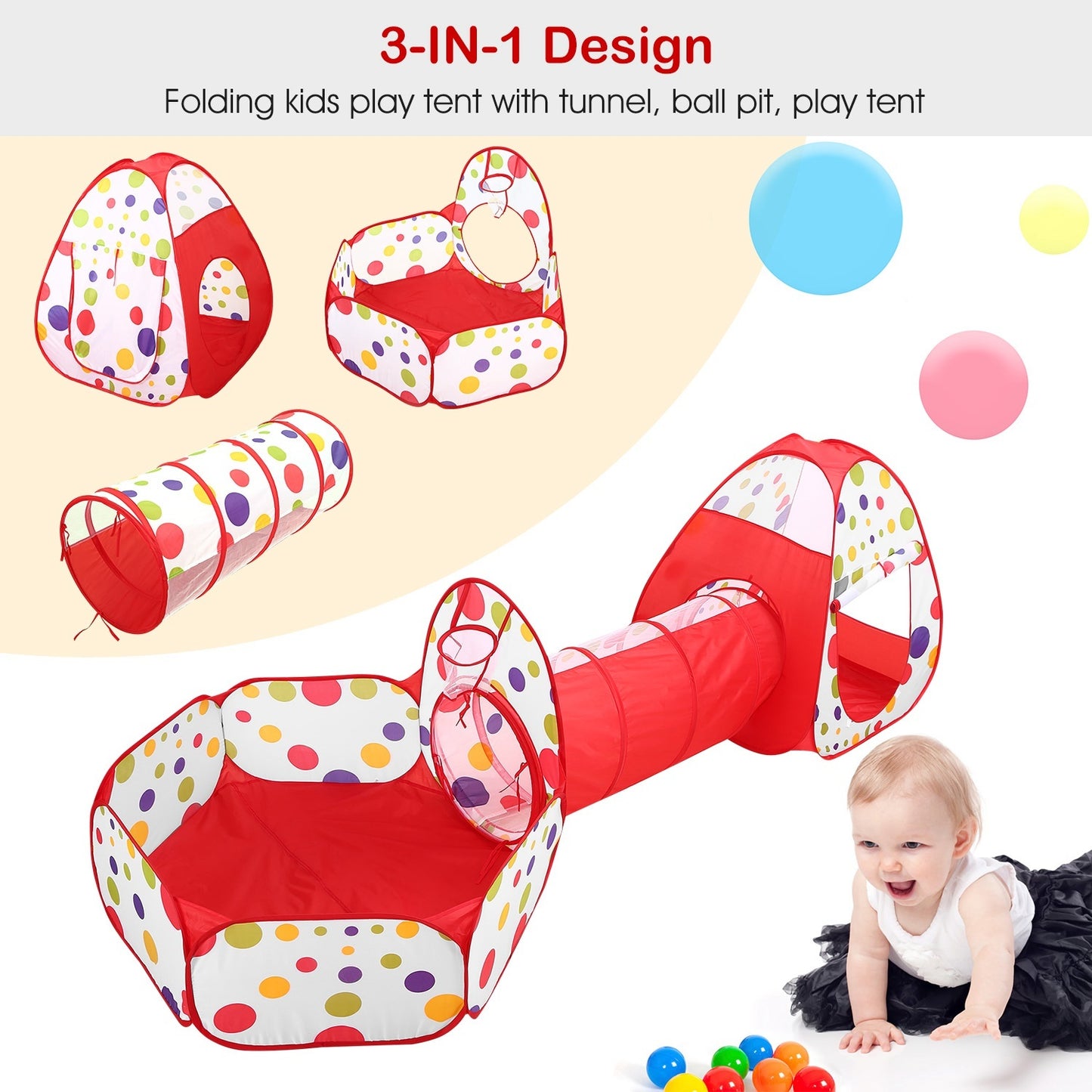 Tente tunnel rampante 3 en 1 pour enfants, tente de jeu avec sac de rangement pour l'intérieur et l'extérieur, balles de voyage non incluses