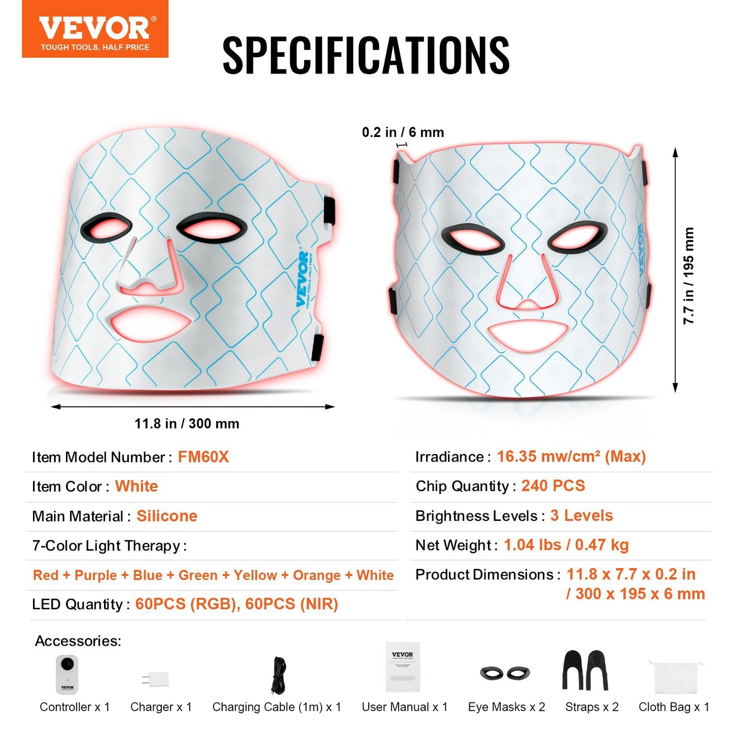 Masque de luminothérapie rouge VEVOR, masque facial LED 7 couleurs, luminothérapie avec NIR 850 nm